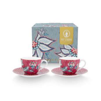 Pip Studio Set/2 Espresso Cups & Saucers Flower Festival Dark Pink 120ml